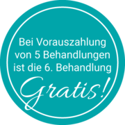 Ein Kreis in Türkis. Im Kreis wird die dauerhafte Haarentfernung bei der Berger Klinik in Frankfurt beworben. Der Werbeslogan, bei Vorauszahlung von 5 Behandlungen ist die 6. Behandlung gratis, steht in weißer Typografie geschrieben.