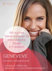Eine glückliche Frau mit Aufruf der Teilnehmer zur Praxisstudie bezüglich Vaginalstraffung nach Geburt oder Stressinkonsistenz an der Berger Klinik in Frankfurt am Main mit Produkten von Geneveve.