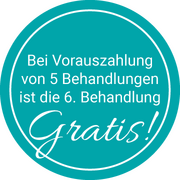 Ein Kreis in Türkis. Im Kreis wird dauerhafte Haarentfernung mit Laser bei Berger Beauty, Schönheitsinstitut in Frankfurt beworben. Der Werbeslogan, bei Vorauszahlung von 5 Behandlungen ist die 6. Behandlung gratis, steht in weißer Typografie geschrieben.