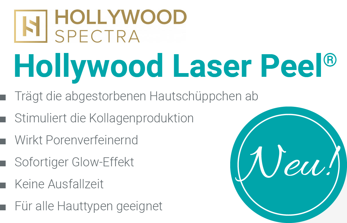 Produkt- und Behandlungsvorstellung für ein amerikanisches Laser-Peel-System von Hollywood Spectra. Dss Banner wird vom Goldenen Logo des Herstellers angeführt. Danach kommen Headline und Bulletpoints mit Vorteilen. Neu, steht im türkisenen Farbkreis.