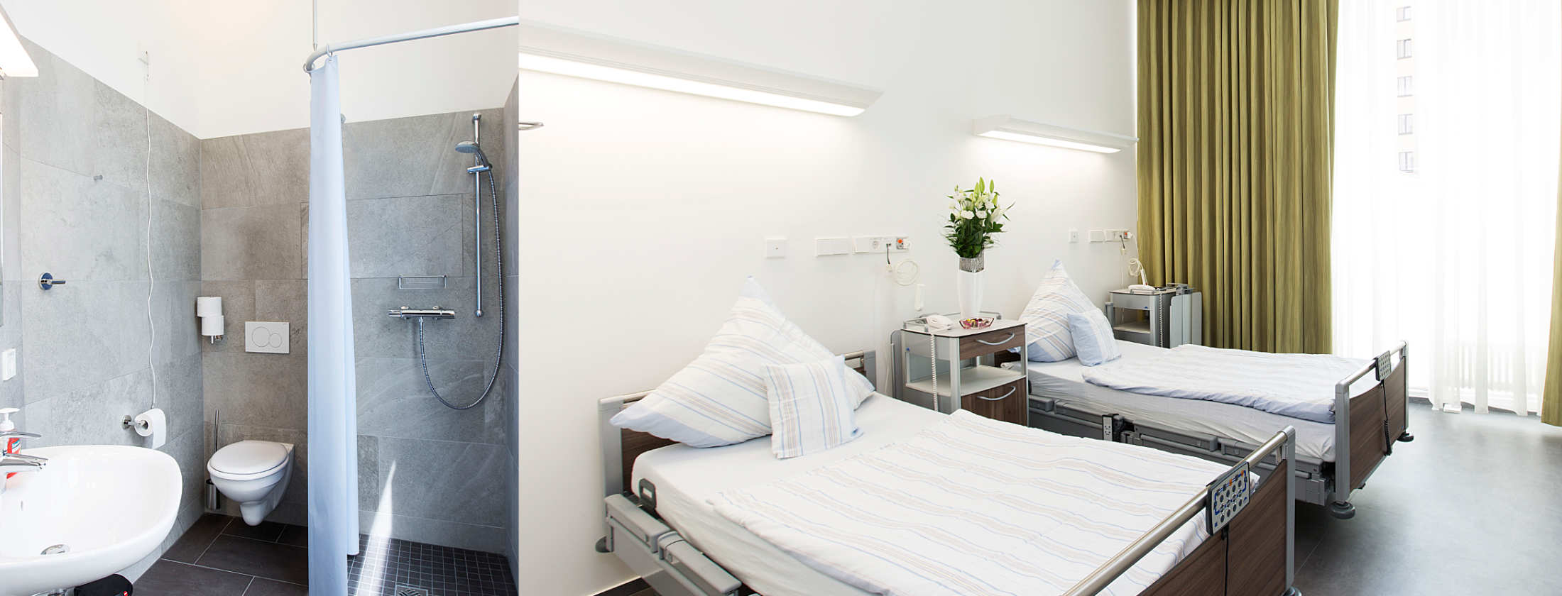 Eine Bildcollage aus zwei Fotografien der Privatklinik Berger. Eine private Dusche mit WC für stationäre Patienten. Sowie ein Patientenzimmer für stationäre Patienten mit zwei Betten, großem Fenster und Fernsehen. Der Raum ist hell und wirkt frisch.